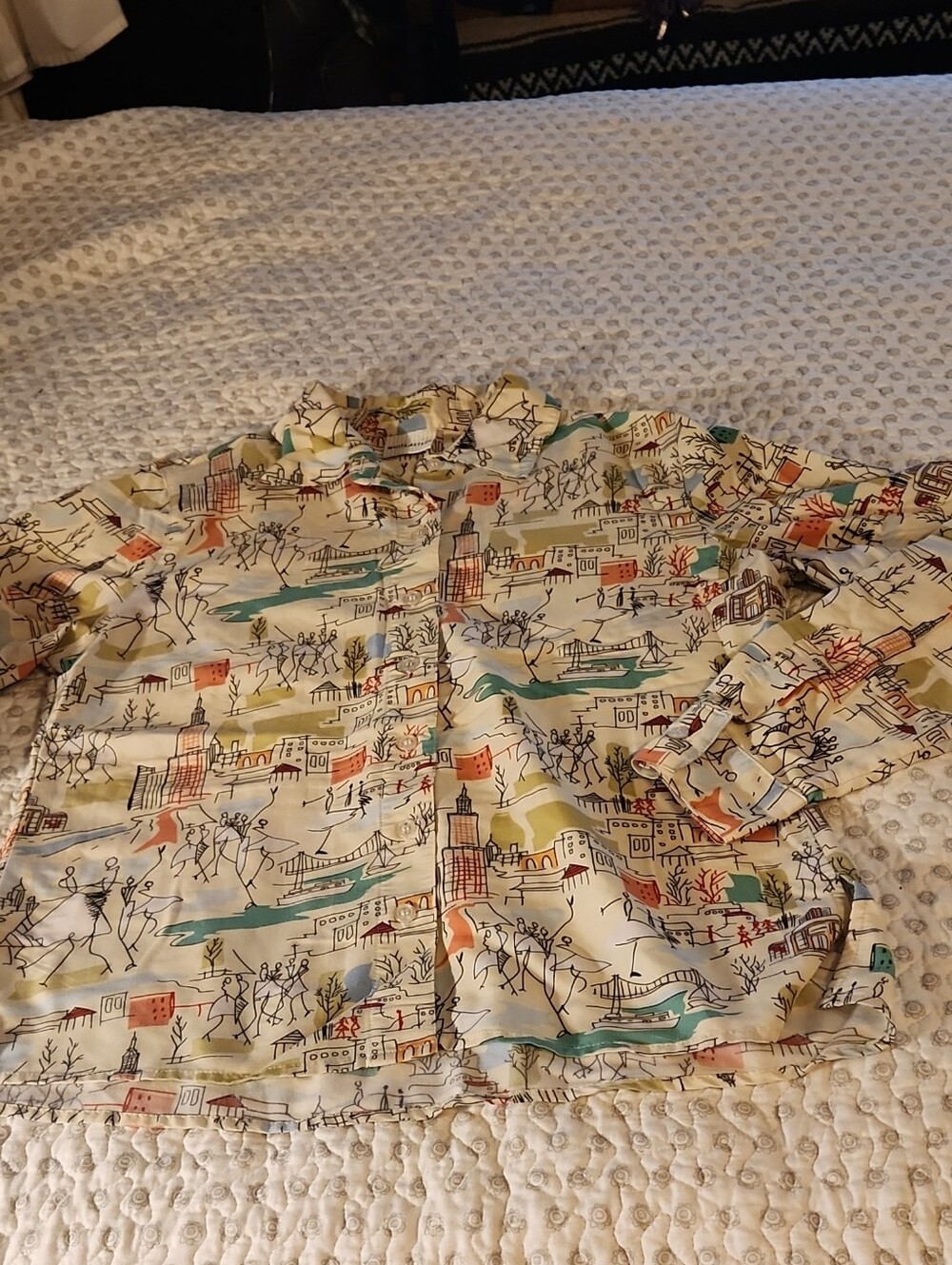 White Stag Cream Long-Sleeve Button-Down Shirt with Multicolor City Print